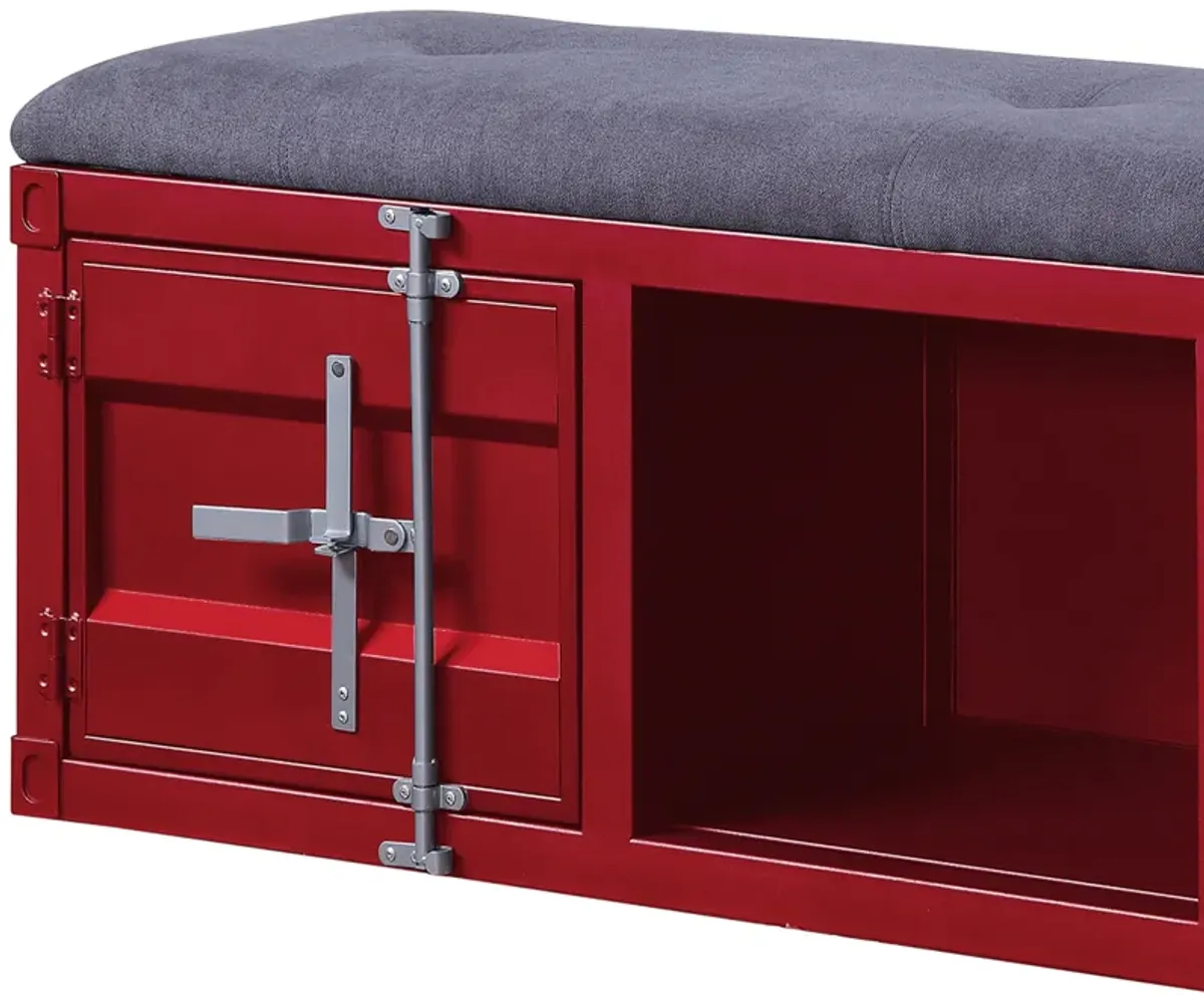 2 Metal Door Storage Bench with Open Compartment and Fabric Upholstery, Red-Benzara