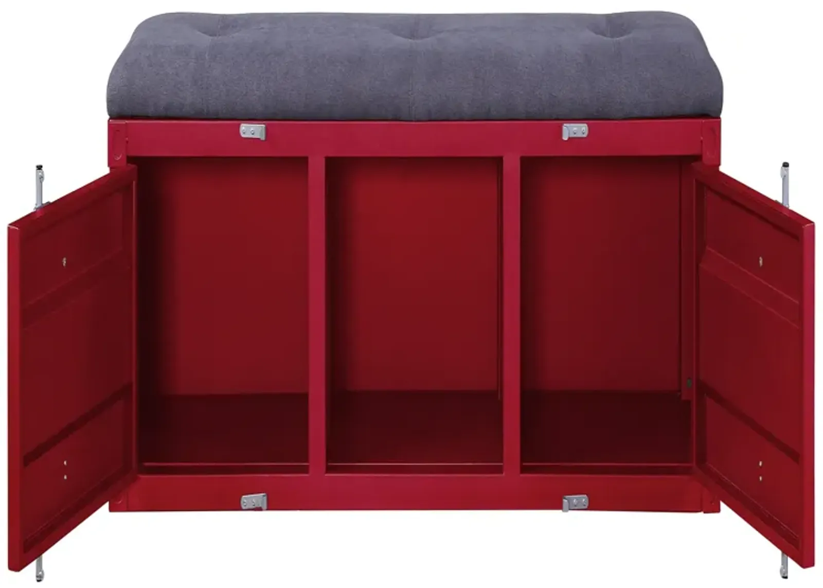 2 Metal Door Storage Bench with Open Compartment and Fabric Upholstery, Red-Benzara