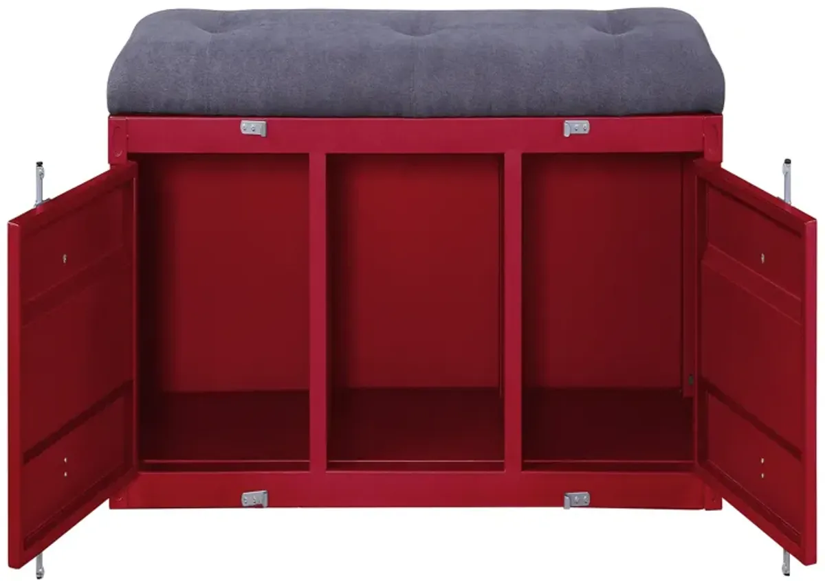 2 Metal Door Storage Bench with Open Compartment and Fabric Upholstery, Red-Benzara