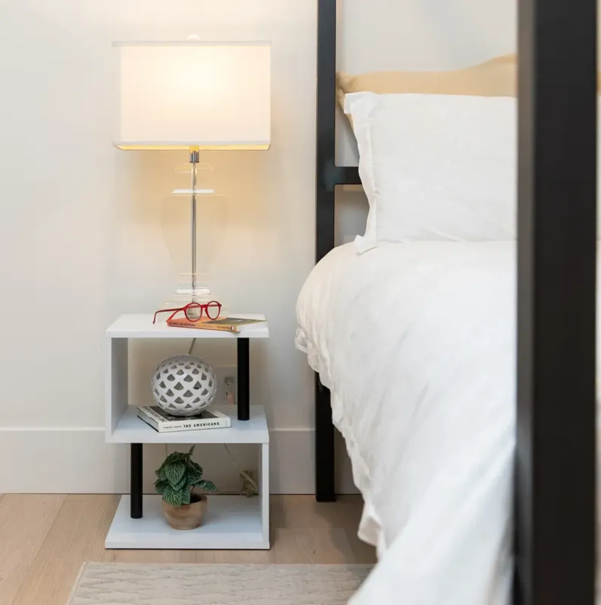 Breuer 3-Tier White S-Shaped End Table with Black Hardware Accents