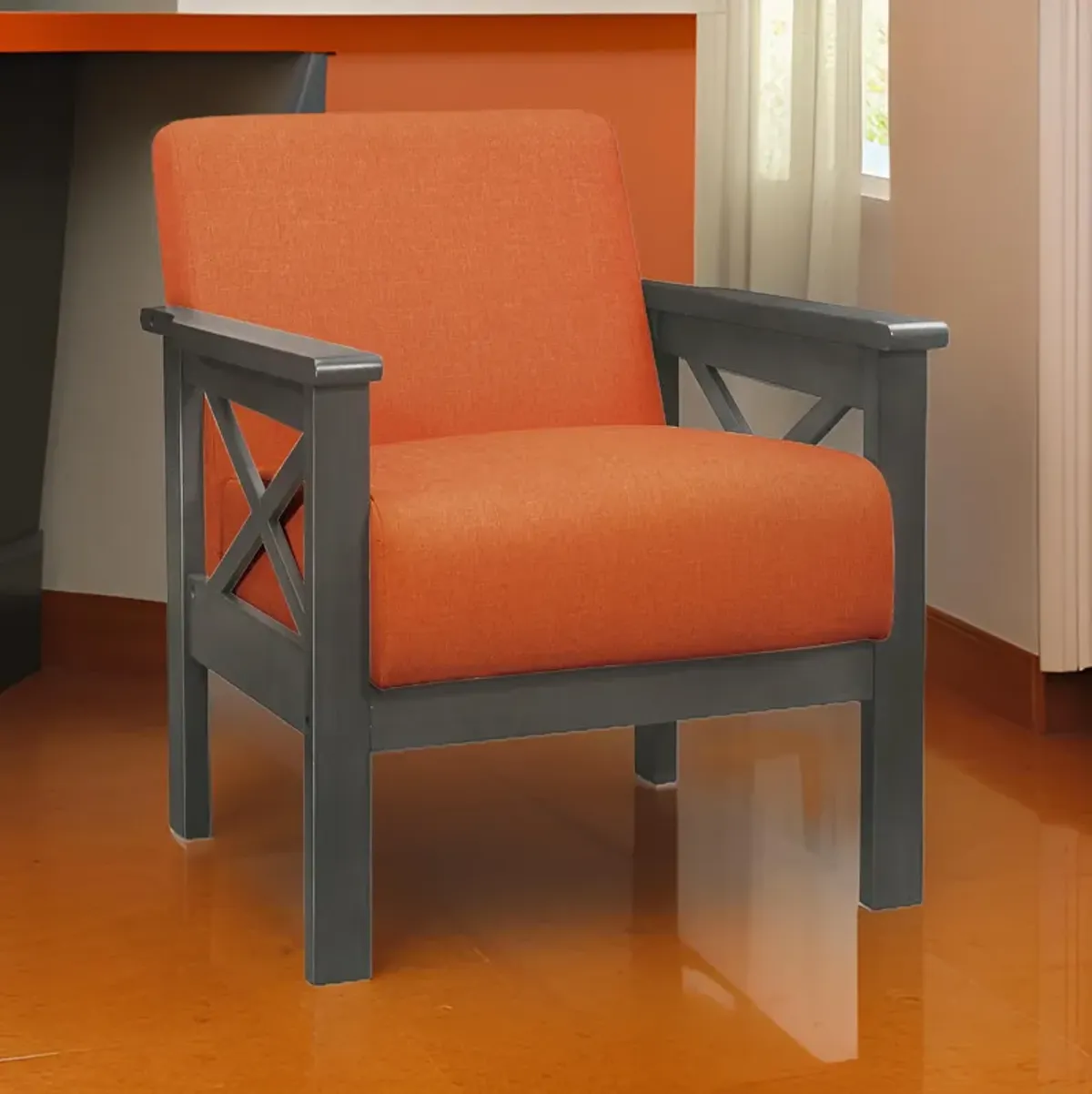 Bea 31 Inch Accent Chair Wood Armchair, Orange Textured Cushions, Gray - Benzara