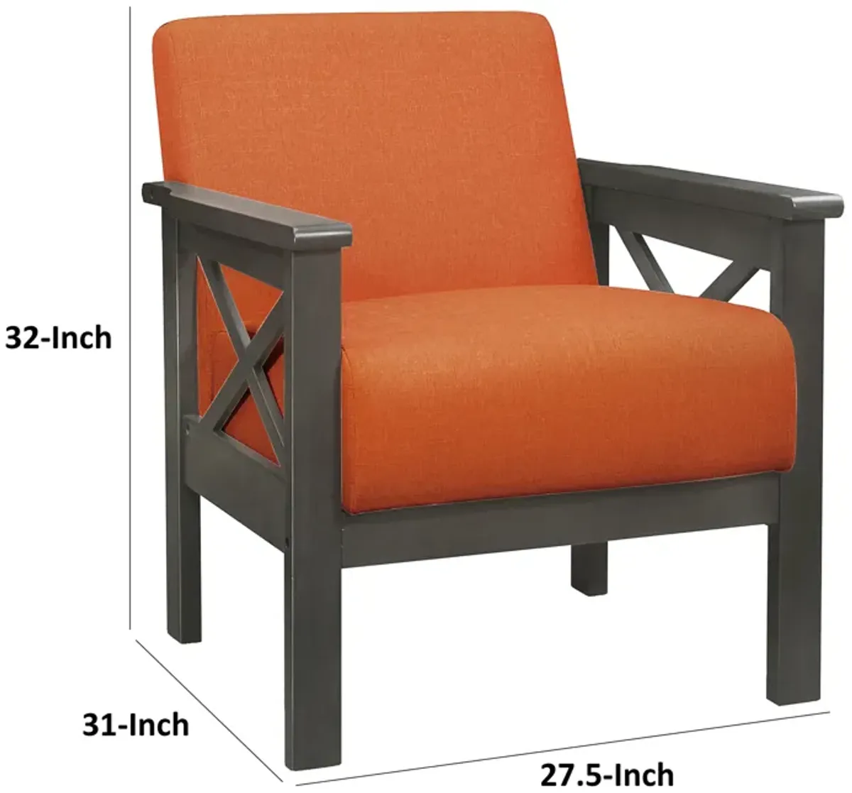 Bea 31 Inch Accent Chair Wood Armchair, Orange Textured Cushions, Gray - Benzara