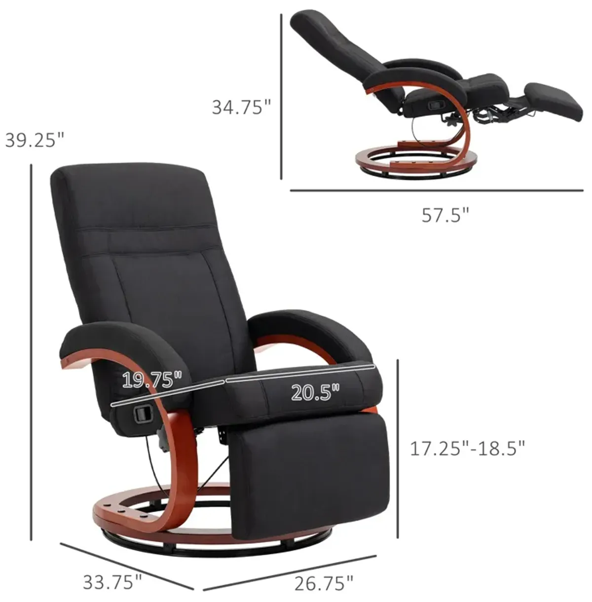 Black Manual Recliner: Swivel, Footrest, Wood Base