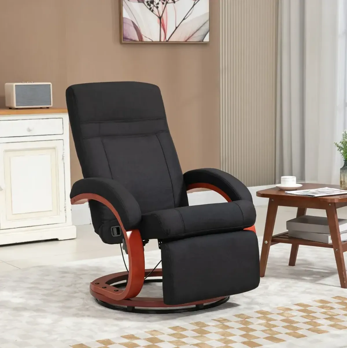 Black Manual Recliner: Swivel, Footrest, Wood Base