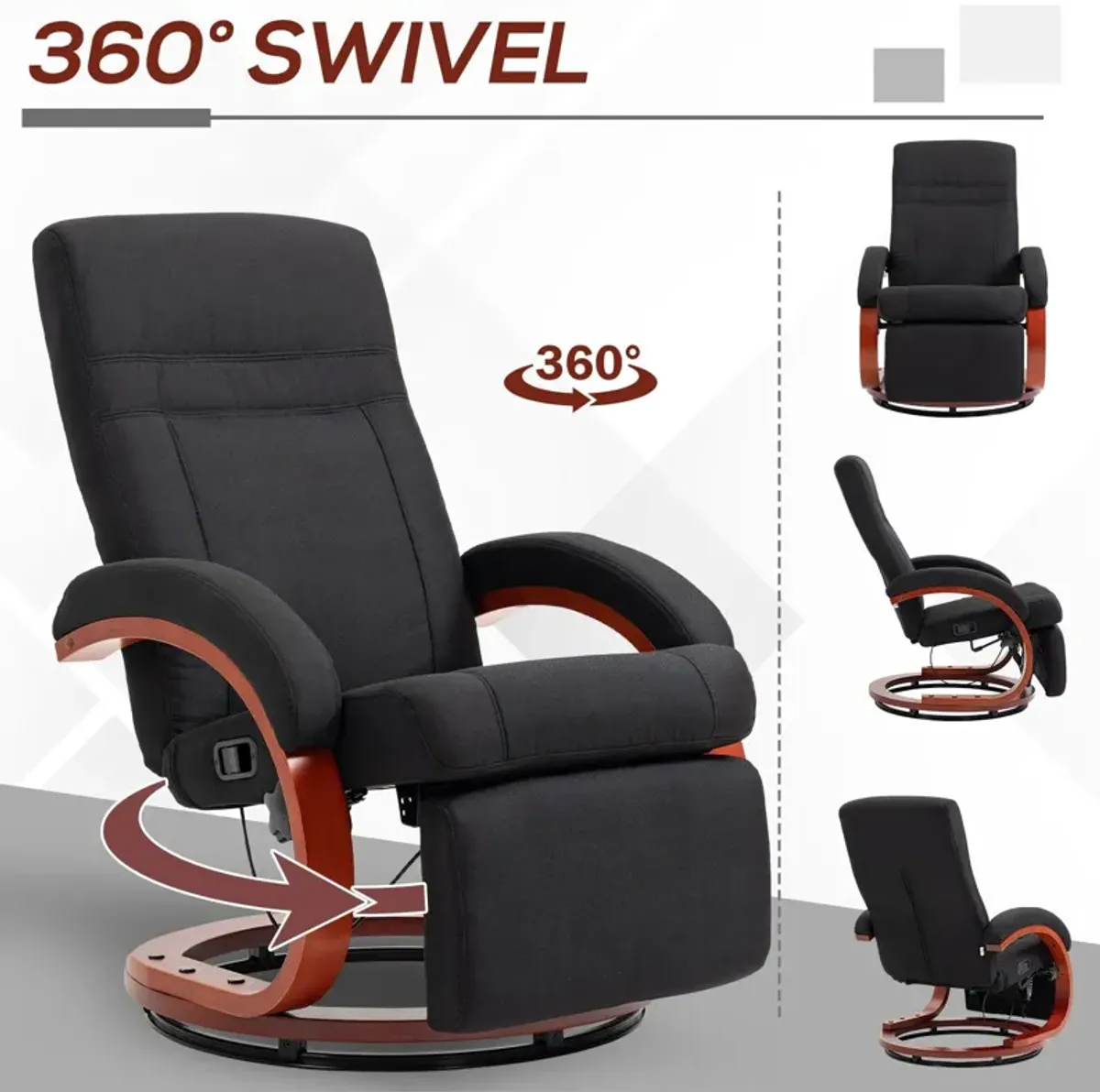 Black Manual Recliner: Swivel, Footrest, Wood Base