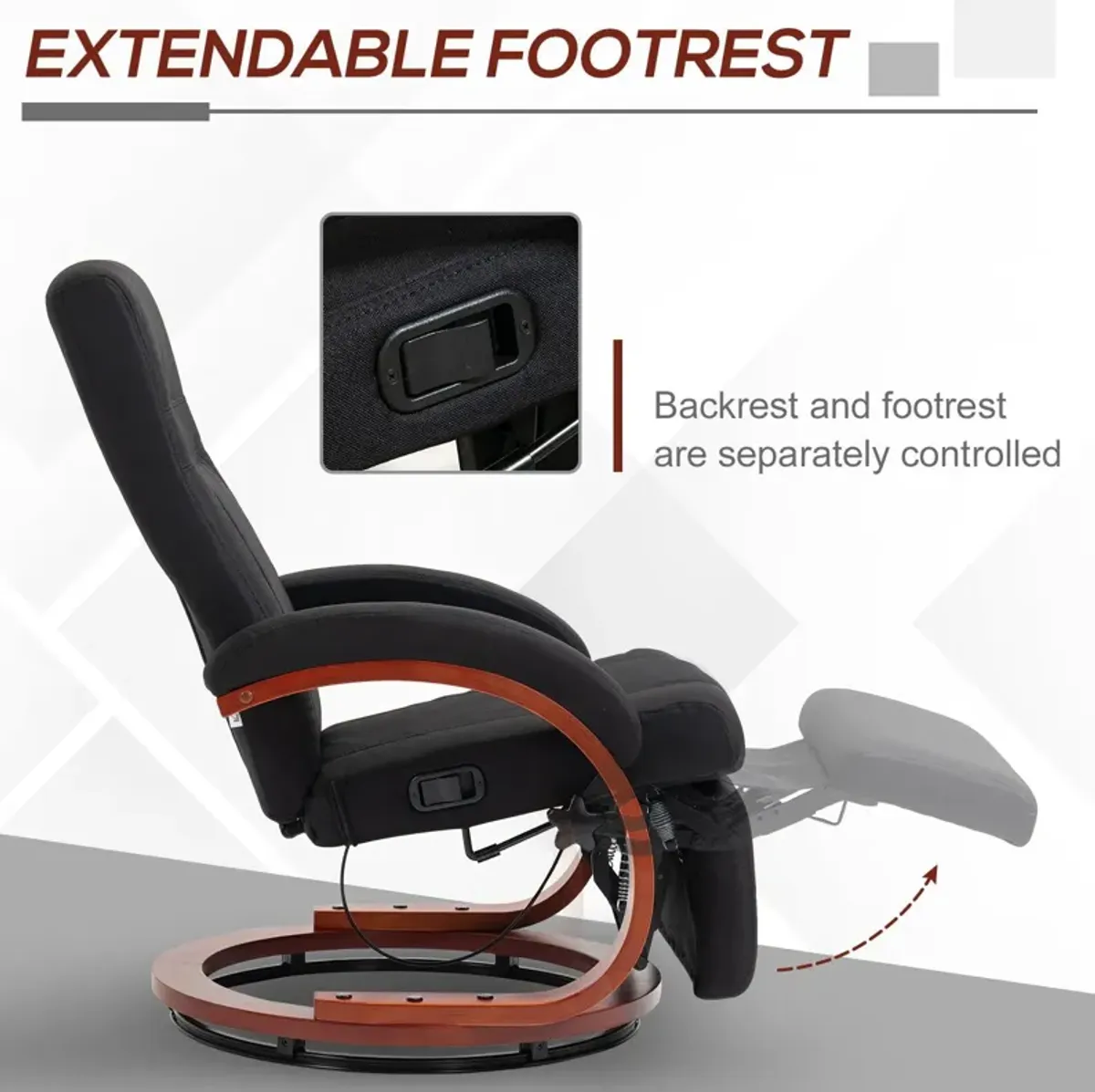 Black Manual Recliner: Swivel, Footrest, Wood Base