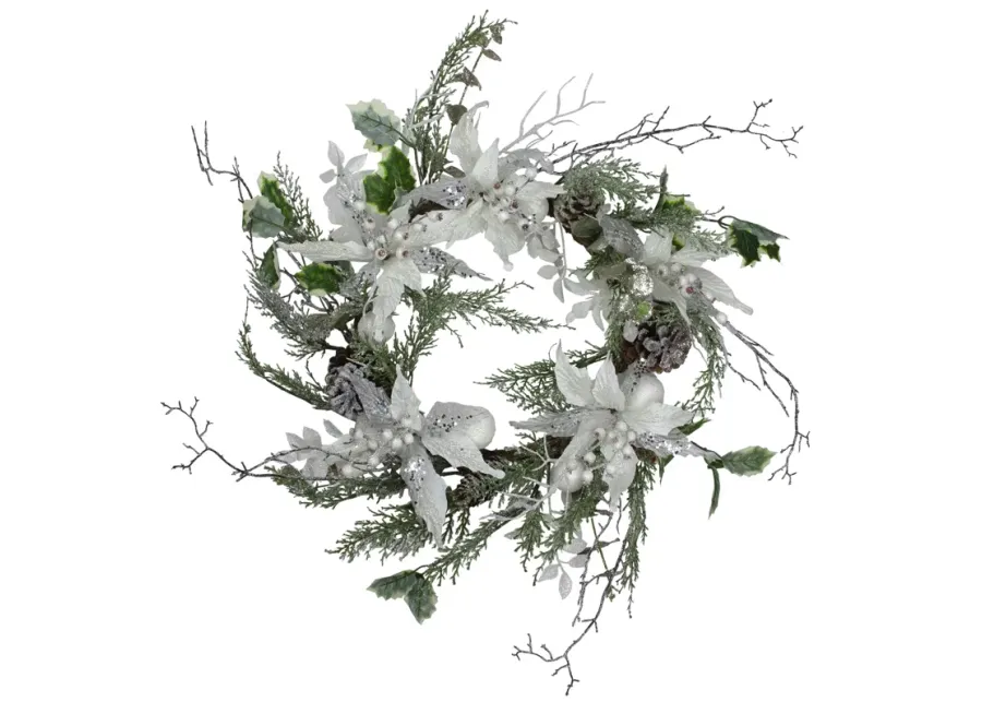 Iced White Poinsettia Artificial Christmas Wreath - 22 inch  Unlit