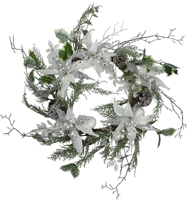 Iced White Poinsettia Artificial Christmas Wreath - 22 inch  Unlit