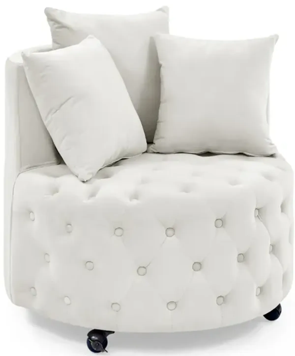 Velvet Swivel Chair with Tufted Design, Wheels, 3 Pillows