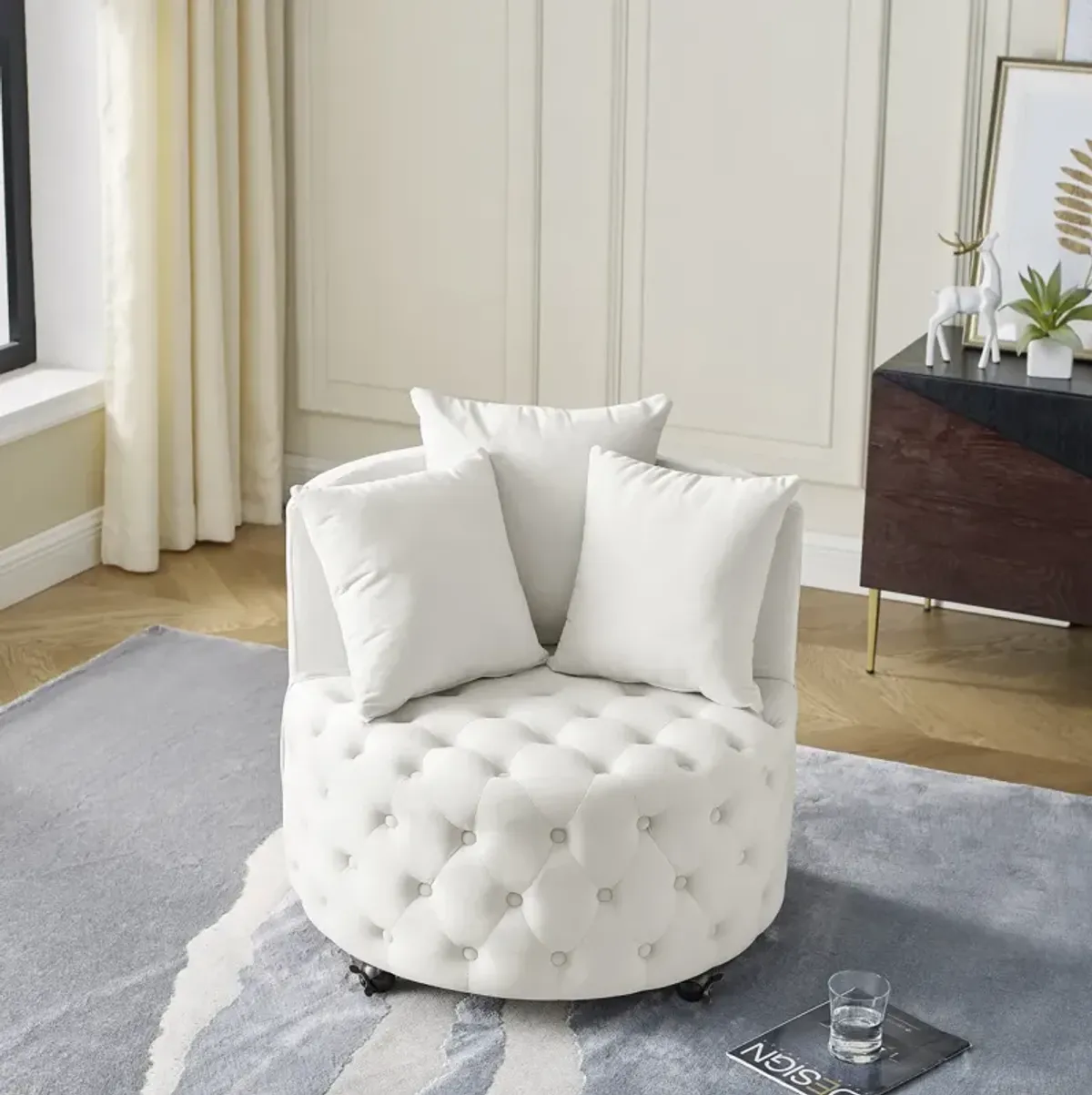 Velvet Swivel Chair with Tufted Design, Wheels, 3 Pillows