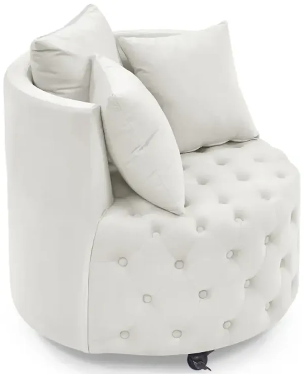 Velvet Swivel Chair with Tufted Design, Wheels, 3 Pillows