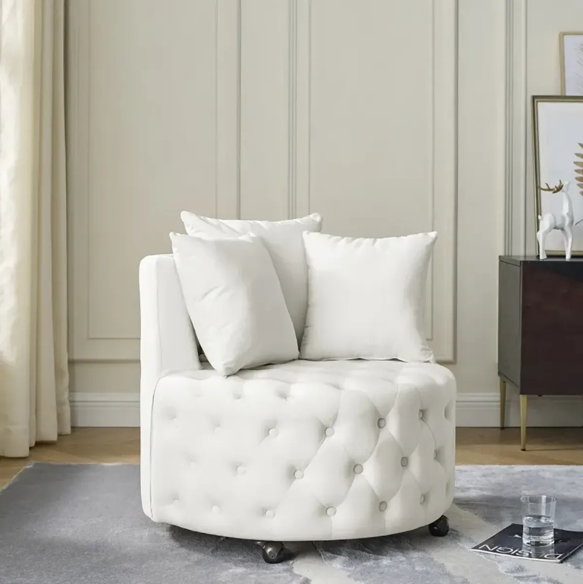 Velvet Swivel Chair with Tufted Design, Wheels, 3 Pillows