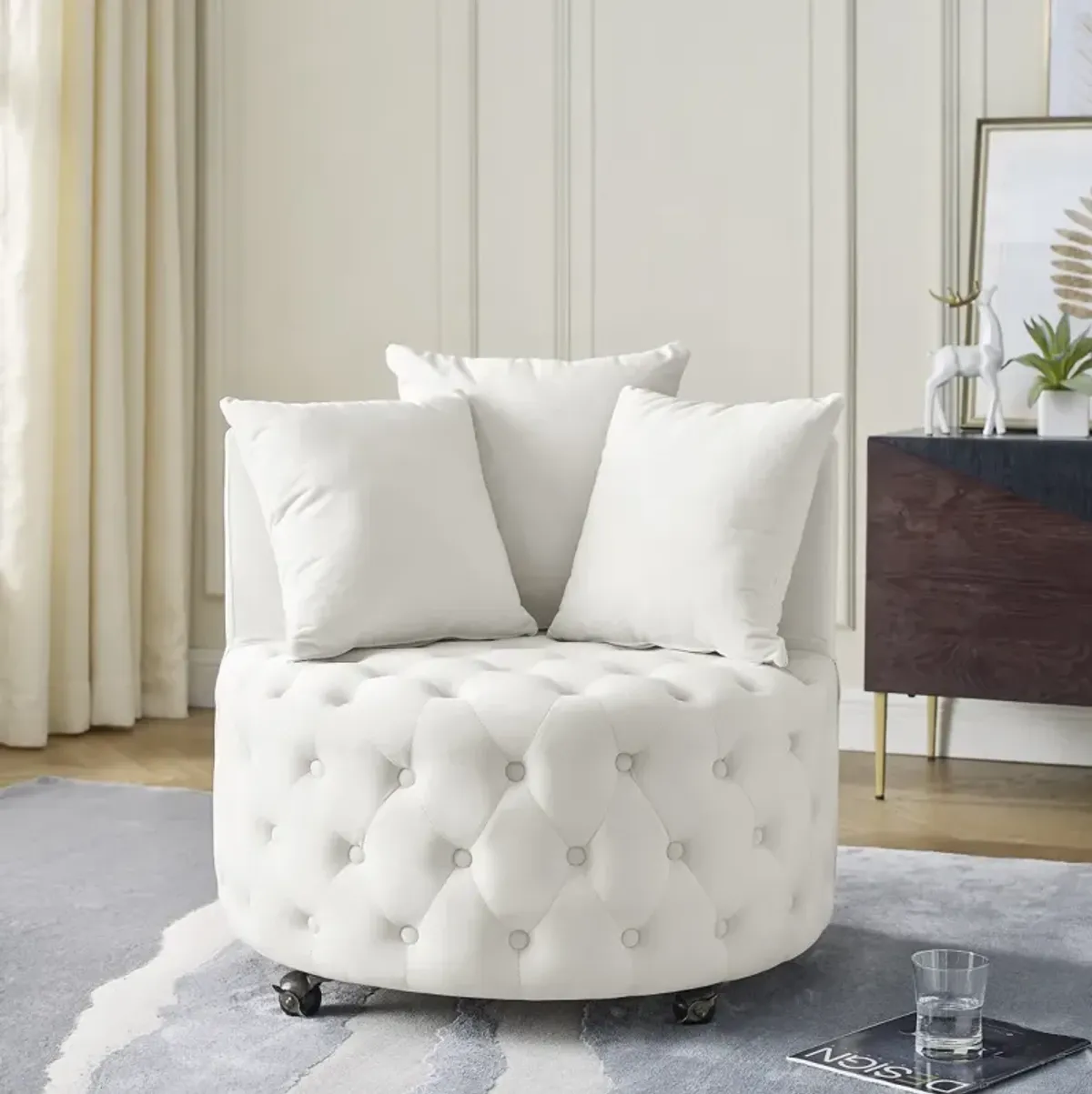 Velvet Swivel Chair with Tufted Design, Wheels, 3 Pillows