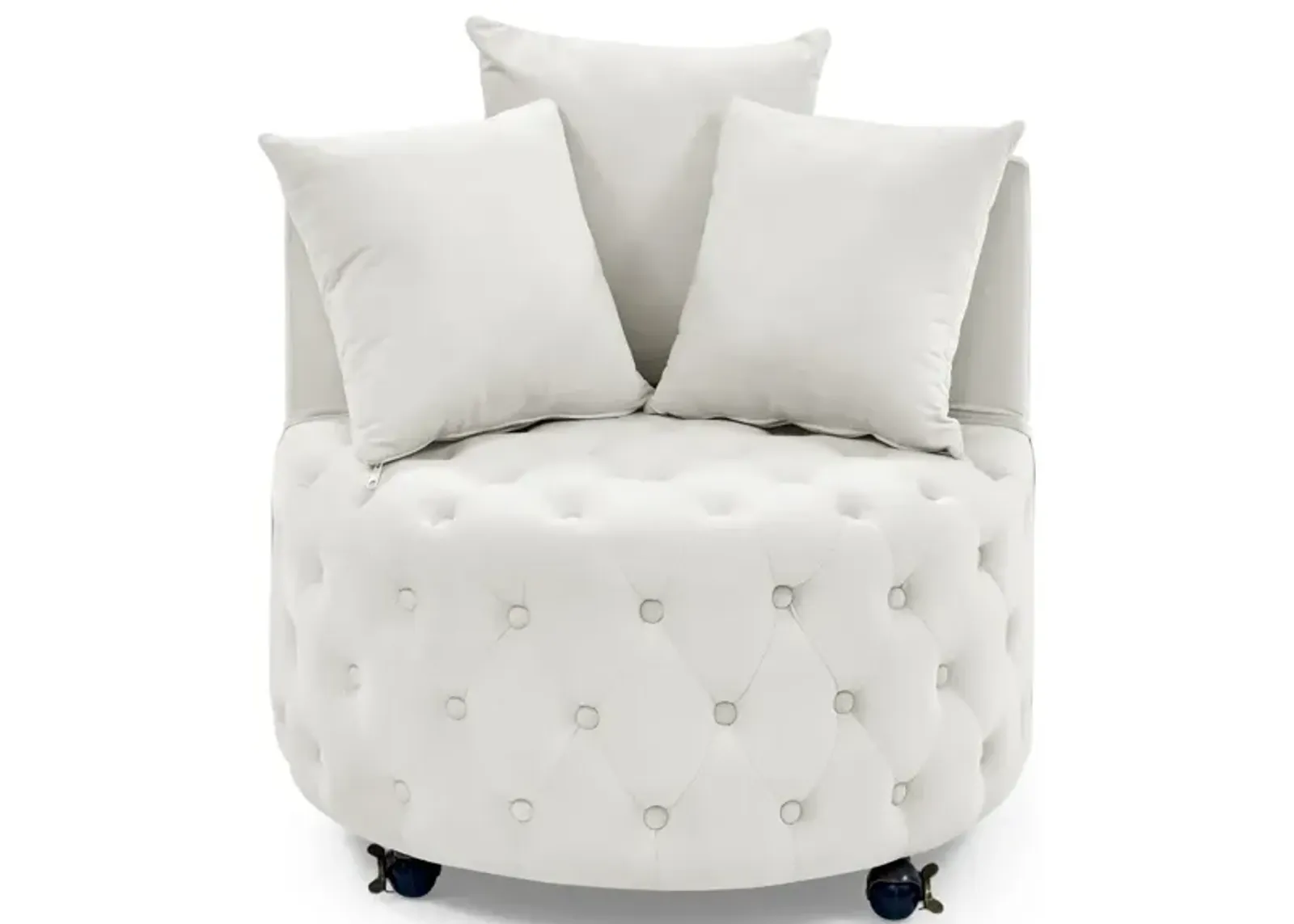 Velvet Swivel Chair with Tufted Design, Wheels, 3 Pillows