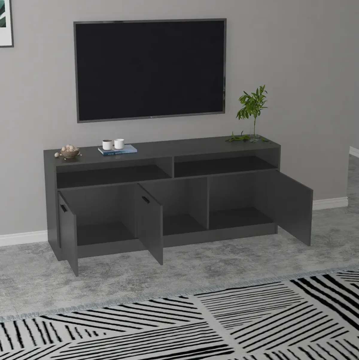 FC Design Klair Living Contemporary TV Stand with Three Soft-closing Doors in Dark Gray