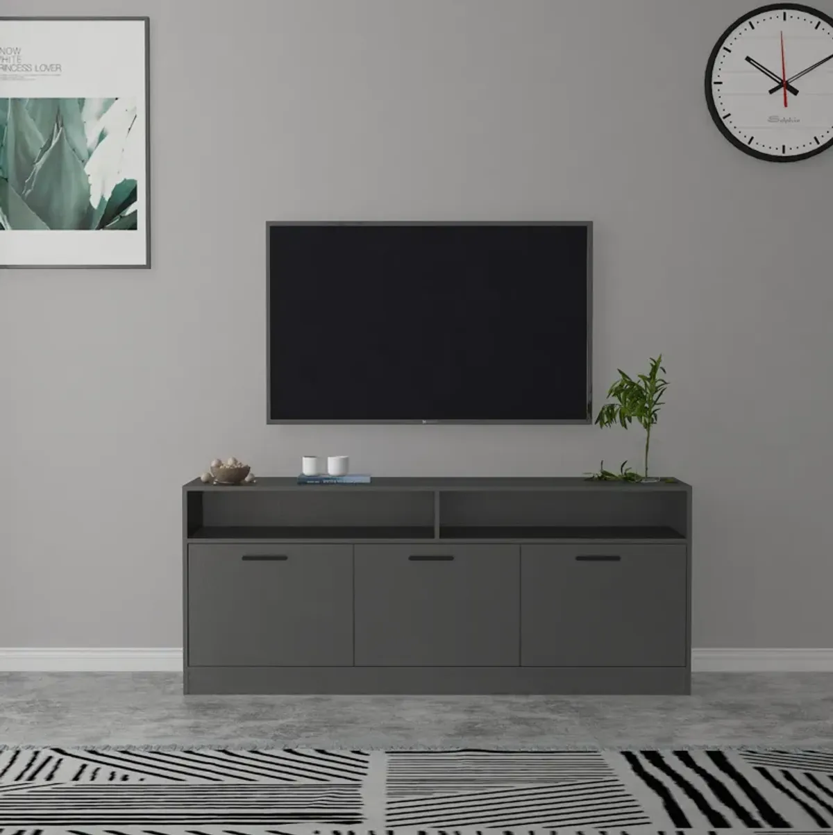 FC Design Klair Living Contemporary TV Stand with Three Soft-closing Doors in Dark Gray