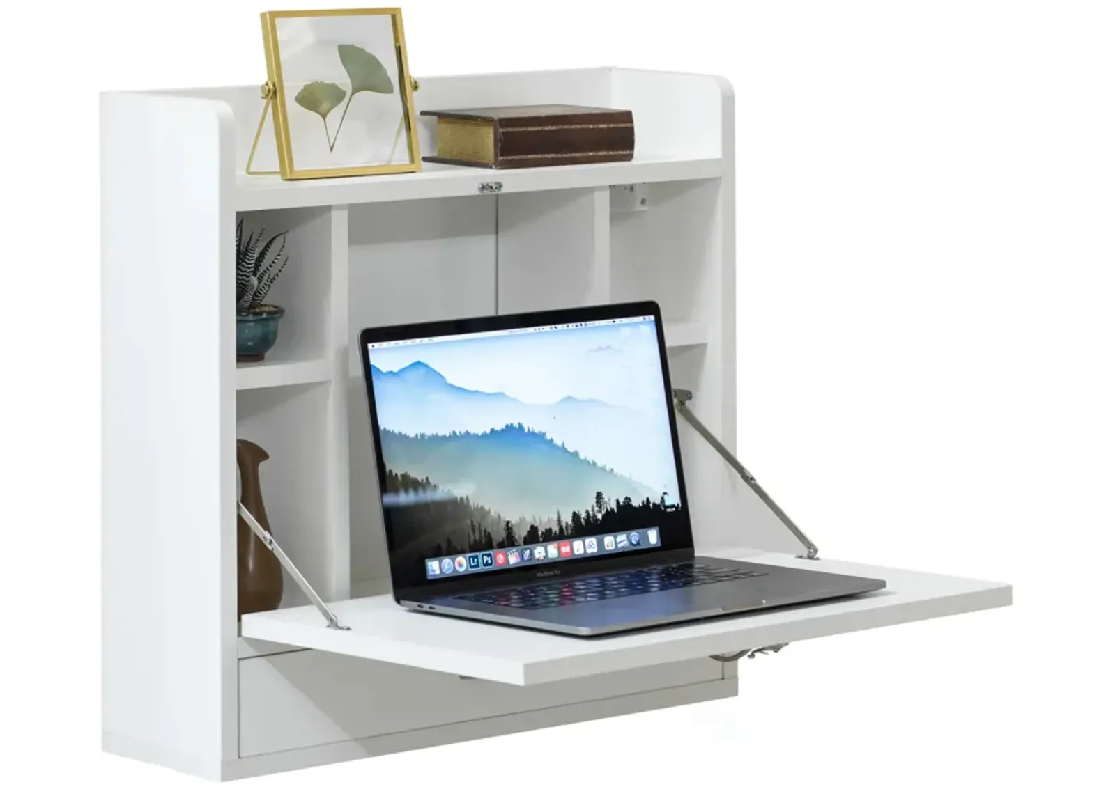 Wall Mount Folding Laptop Writing Computer or Makeup Desk with Storage Shelves and Drawer, White