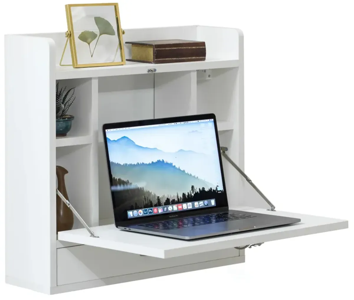 Wall Mount Folding Laptop Writing Computer or Makeup Desk with Storage Shelves and Drawer, White