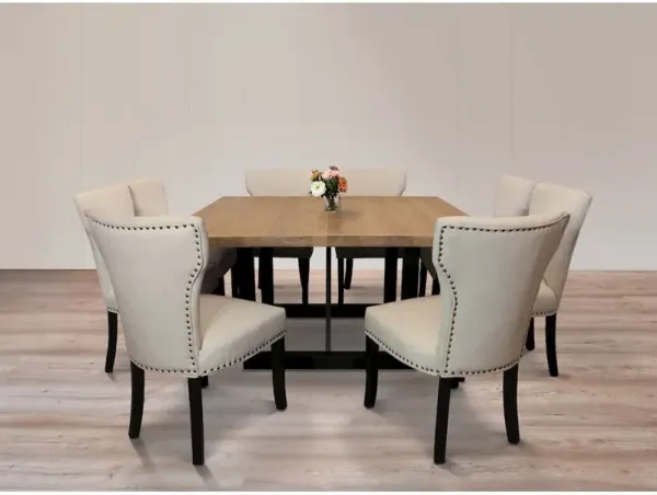 9-Piece Dining Set 8 Jill Dining Chairs in Ivory Fabric Antique Brown Legs