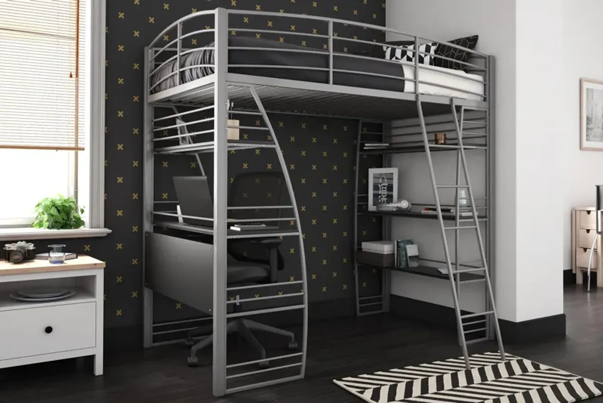 Atwater Living Lynn Modern Twin Loft Bed with Display Shelves and Desk