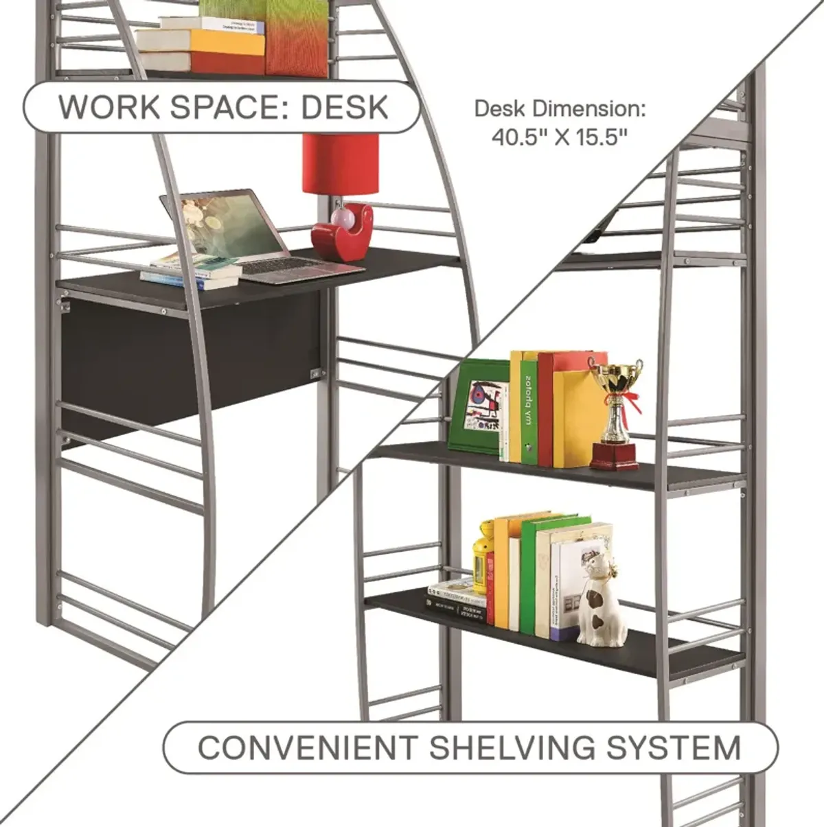 Atwater Living Lynn Modern Twin Loft Bed with Display Shelves and Desk