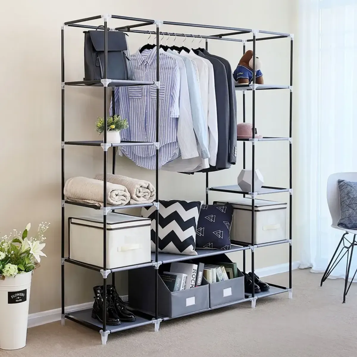 Portable Clothes Storage Solution with Shelves & Hanging Rail