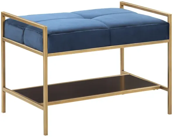 Metal Bench with Fabric Upholstered Plump Seats, Gold and Blue-Benzara