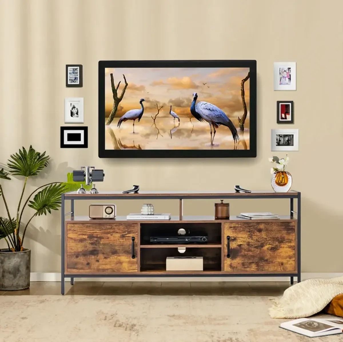 58 Inch Industrial TV Stand with Cabinets and Adjustable Shelf for TVs up to 65 Inch-Rustic Brwon