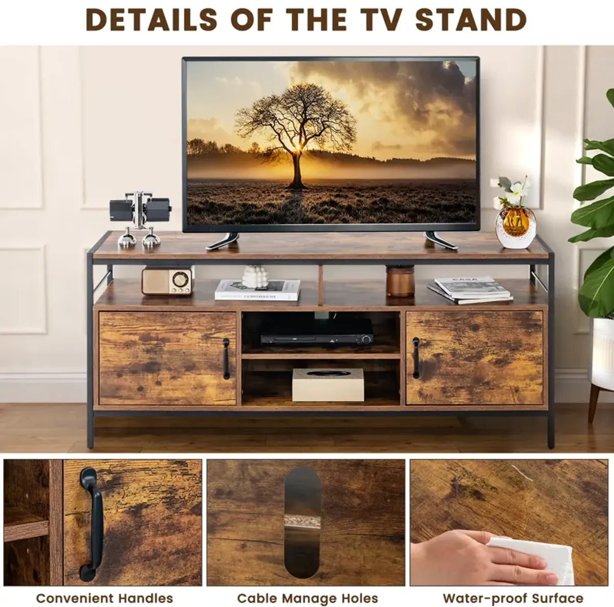 58 Inch Industrial TV Stand with Cabinets and Adjustable Shelf for TVs up to 65 Inch-Rustic Brwon