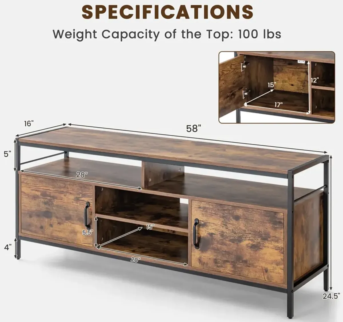 58 Inch Industrial TV Stand with Cabinets and Adjustable Shelf for TVs up to 65 Inch-Rustic Brwon