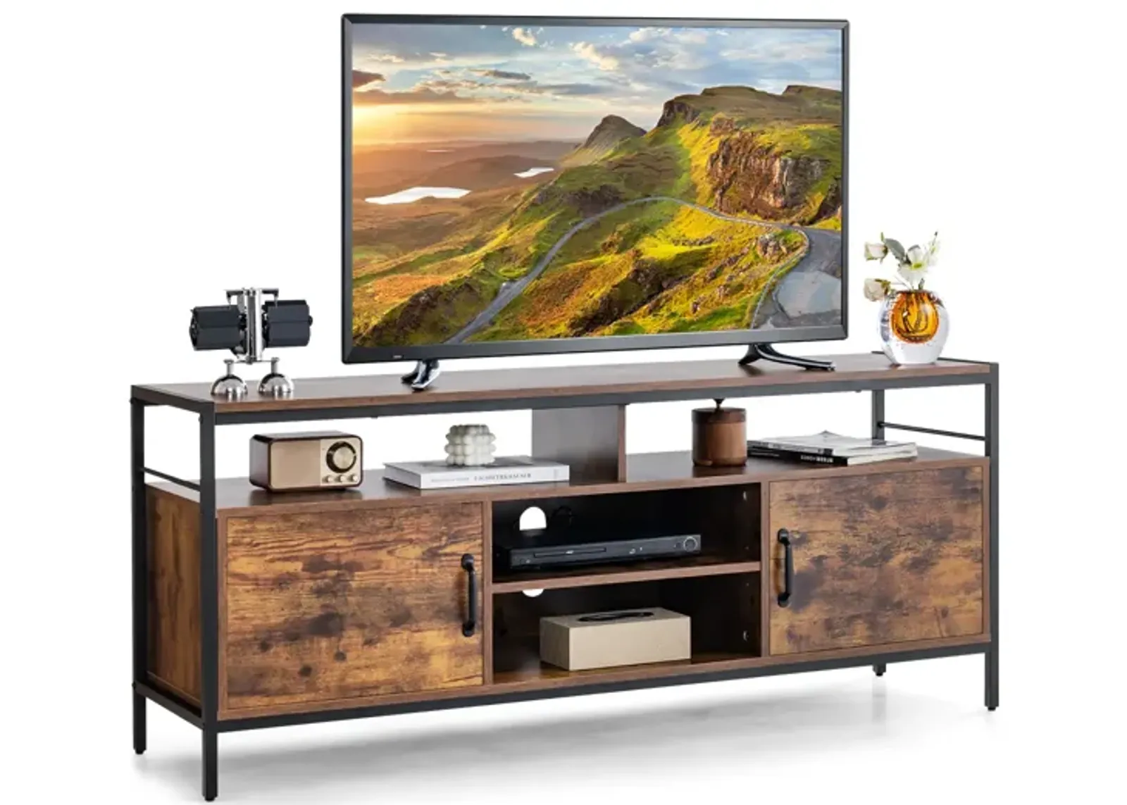 58 Inch Industrial TV Stand with Cabinets and Adjustable Shelf for TVs up to 65 Inch-Rustic Brwon