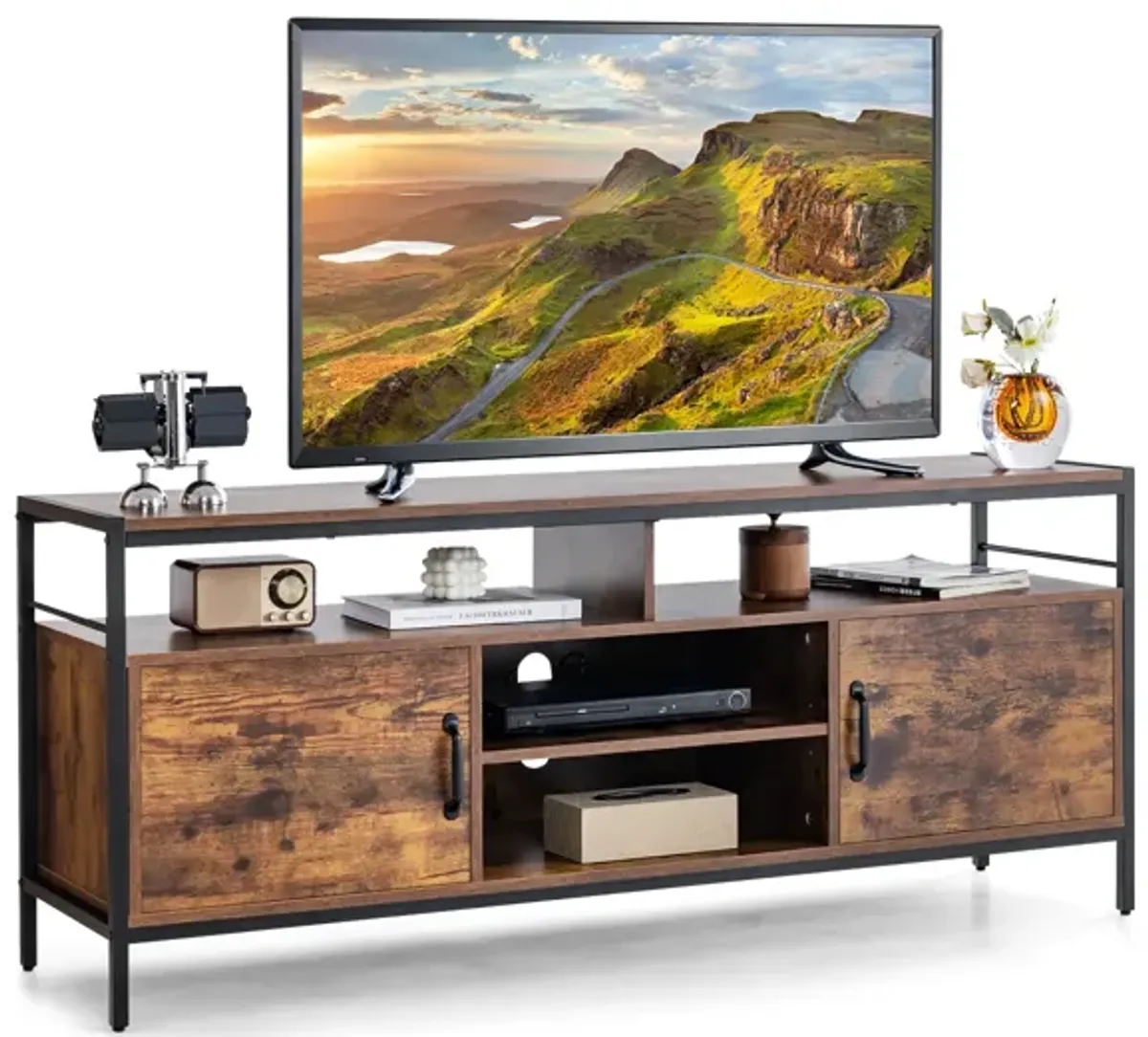 58 Inch Industrial TV Stand with Cabinets and Adjustable Shelf for TVs up to 65 Inch-Rustic Brwon