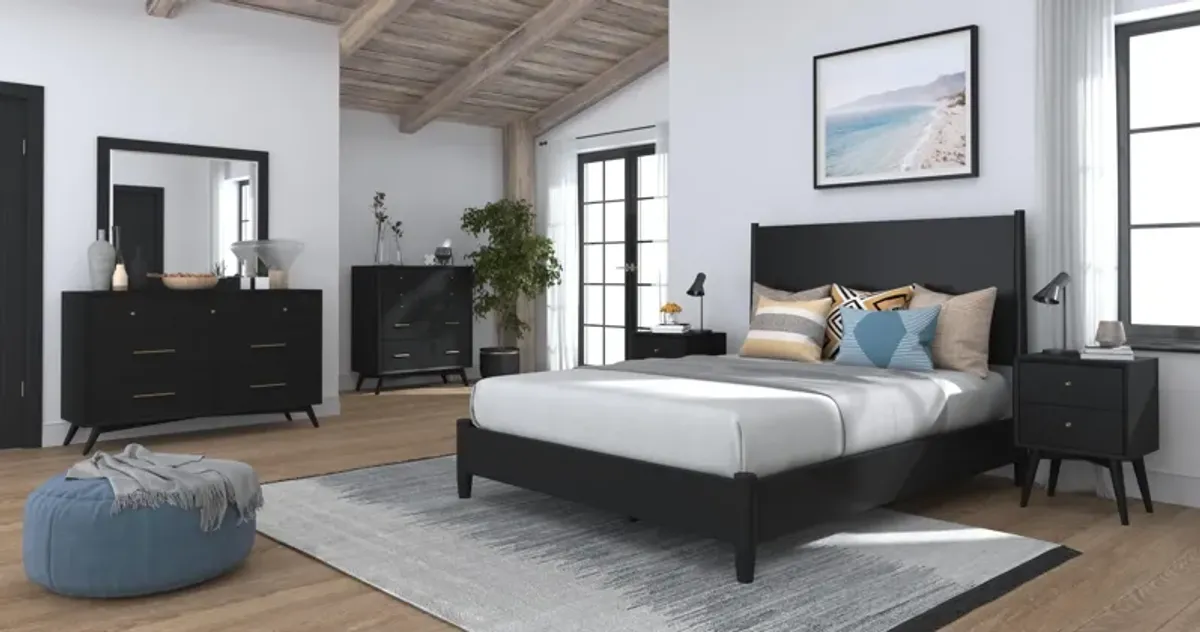Flynn Mid Century Modern Standard King Panel Bed, Black