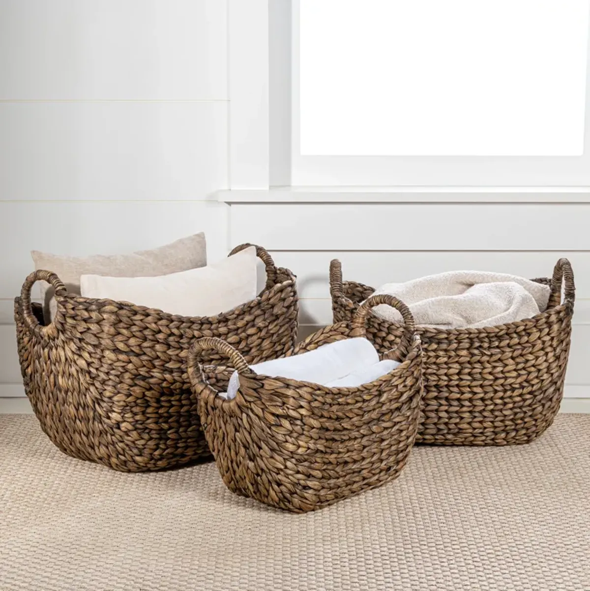Nellie Farmhouse Classic Handwoven Hyacinth Storage Boat Baskets with Handles