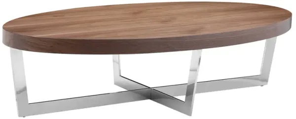 Tini 55 Inch Coffee Table, Oval Top, Chrome Frame, Walnut Brown Finish - Benzara