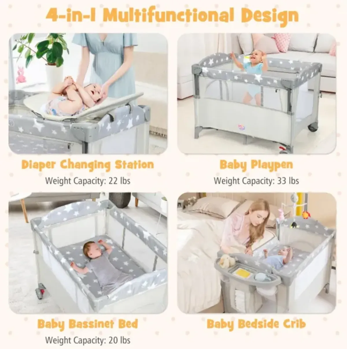 Hivvago 5-in-1 Portable Baby Beside Bassinet with Diaper Changer