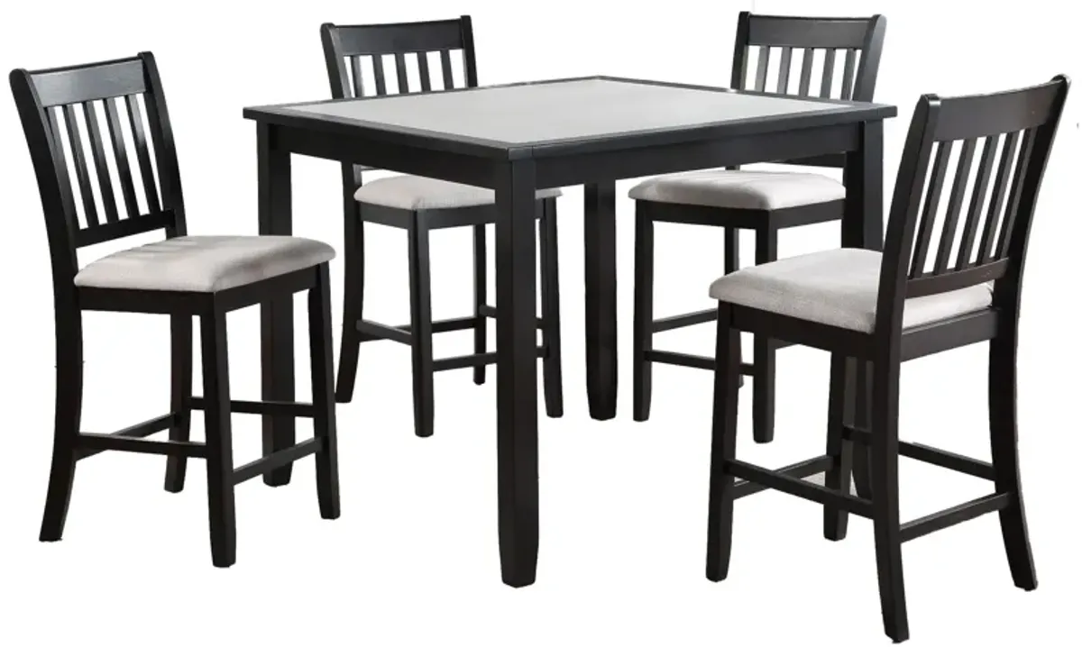 Nick 5 Piece Counter Height Dining Table and Chairs Set, Black, White - Benzara