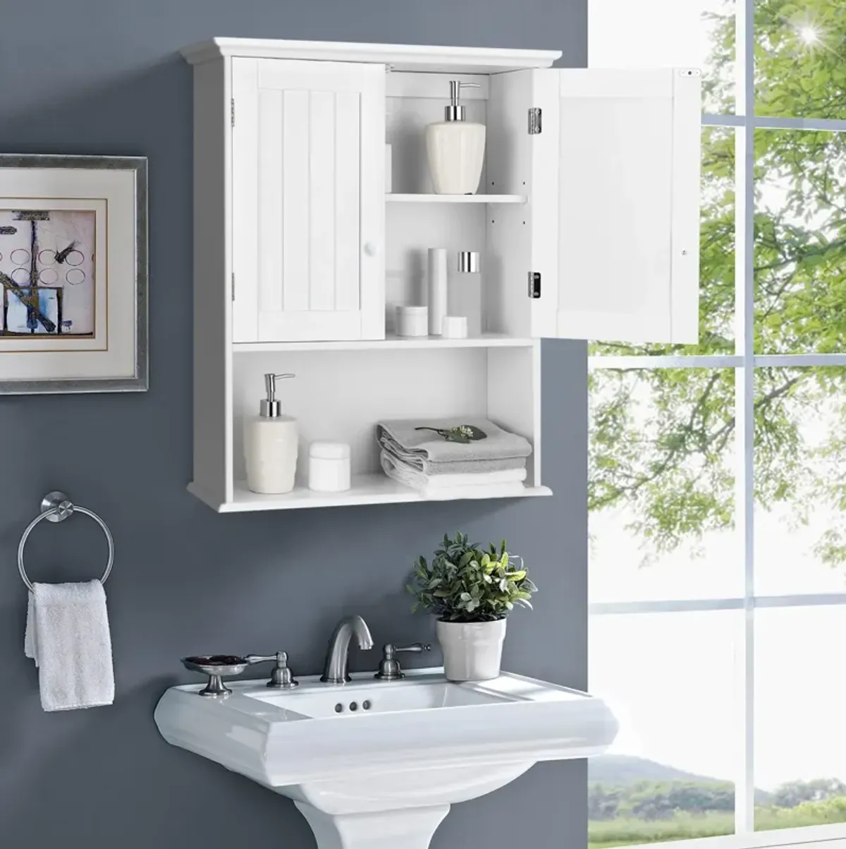 2-Door Wall Mount Bathroom Storage Cabinet with Open Shelf