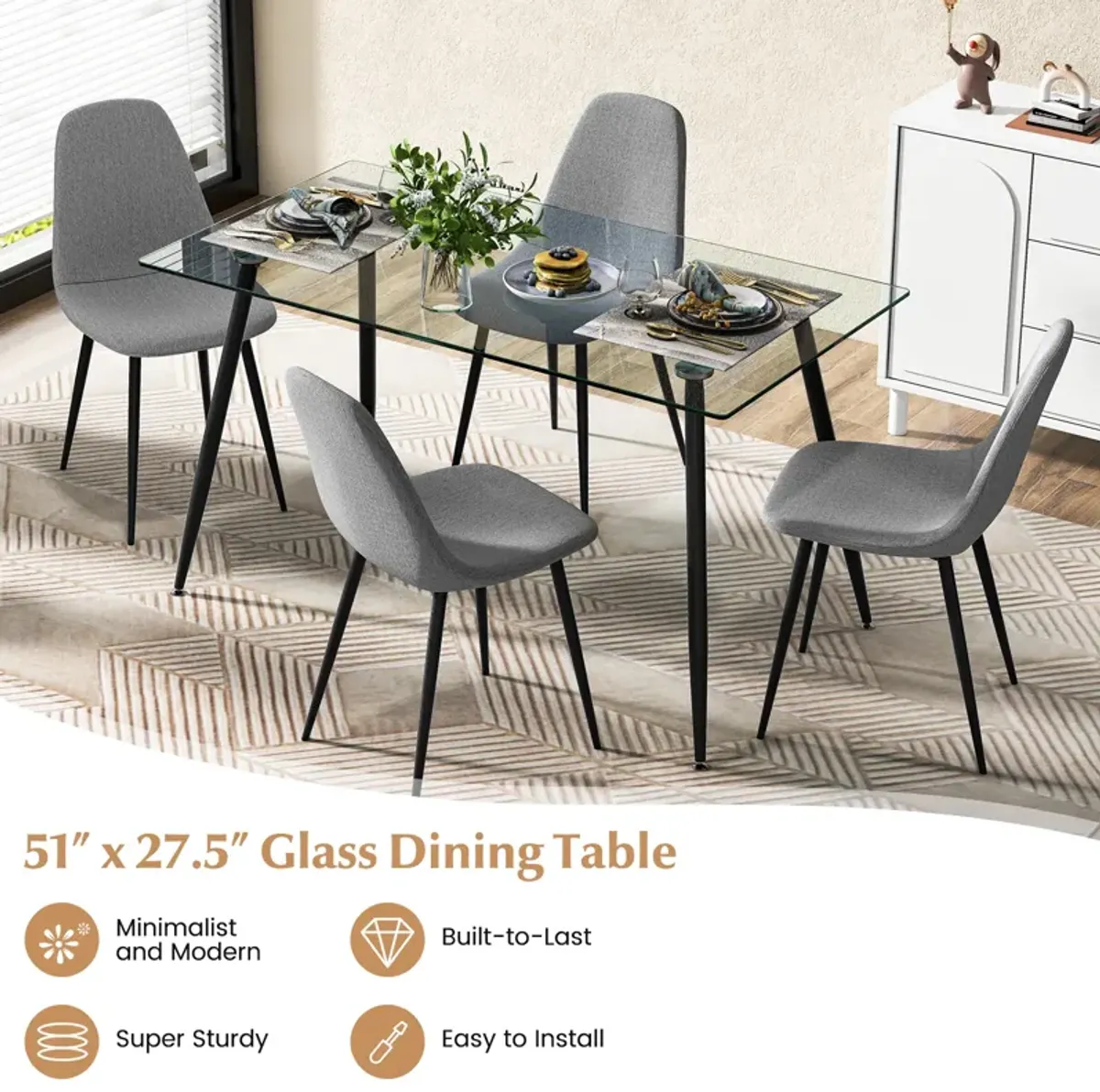 Glass Rectangular Dining Table with Metal Legs