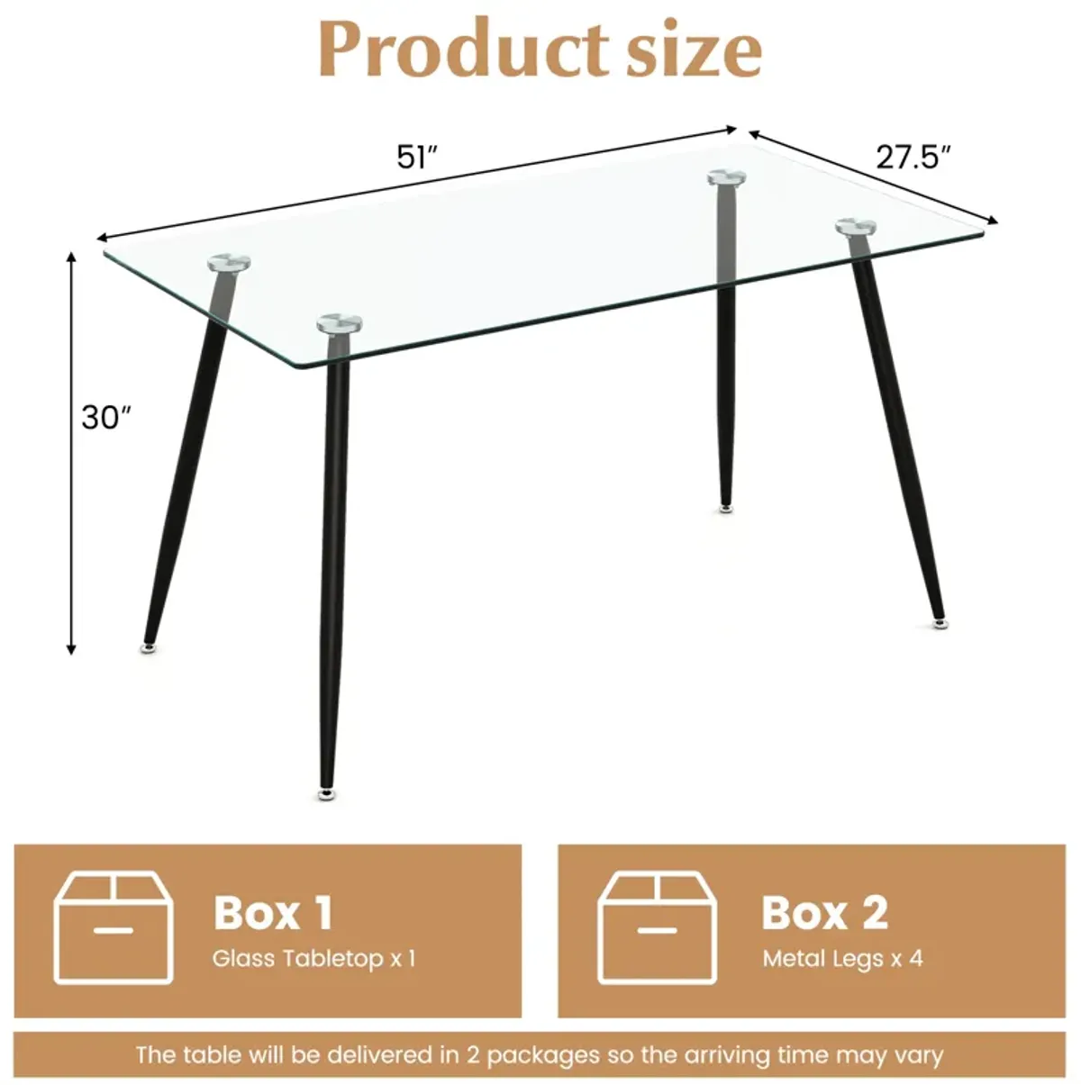 Glass Rectangular Dining Table with Metal Legs