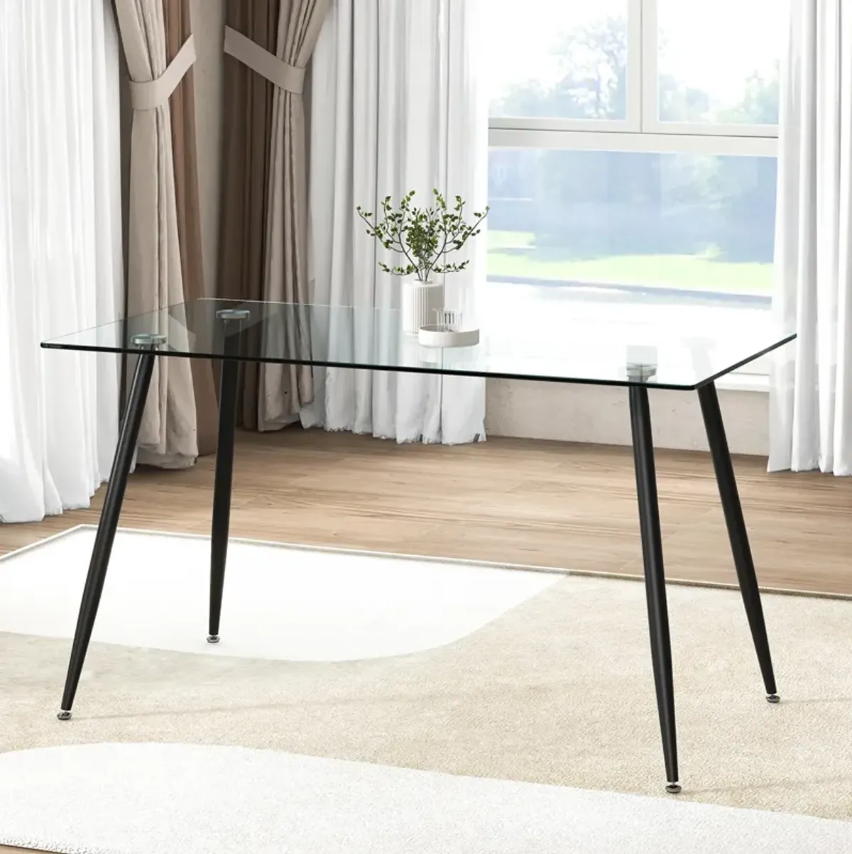 Glass Rectangular Dining Table with Metal Legs