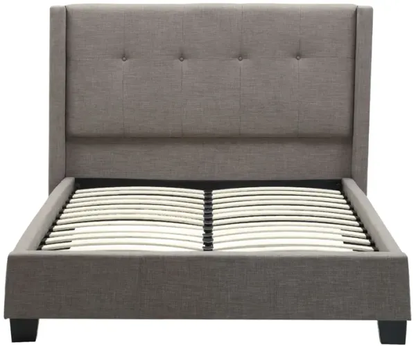 Adams Low Profile California King Bed, Piped Edges, Tufted Linen, Gray - Benzara