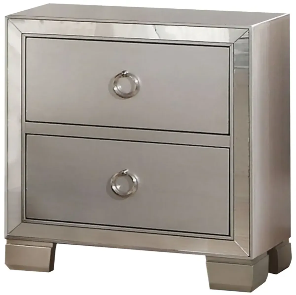 Two Drawer Nightstand With Mirror Insert Front Trim, Platinum-Benzara