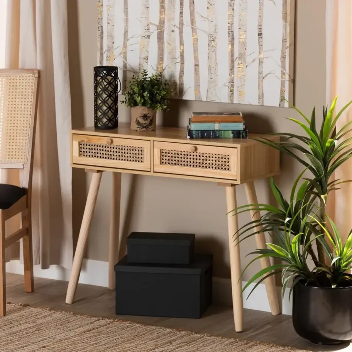 Rattan and Natural Brown Finished Wood 2-Drawer Console Table