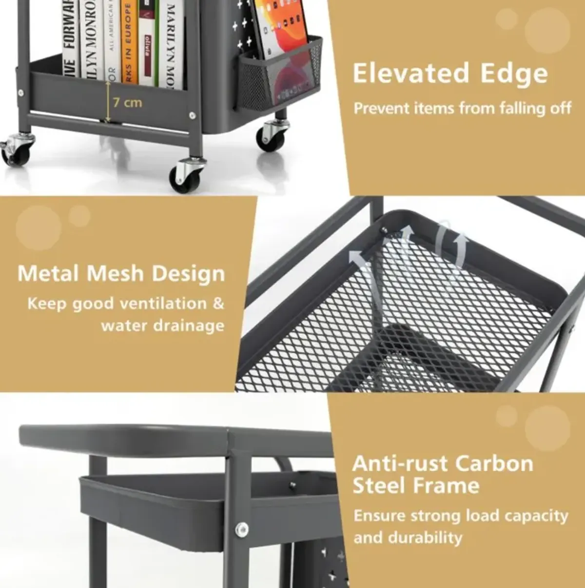 Hivvago 3-Tier Utility Storage Cart with DIY Pegboard Baskets