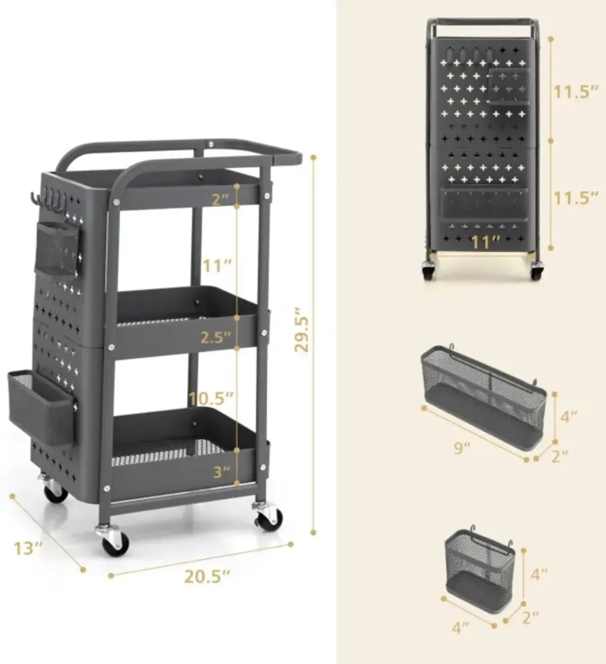 Hivvago 3-Tier Utility Storage Cart with DIY Pegboard Baskets