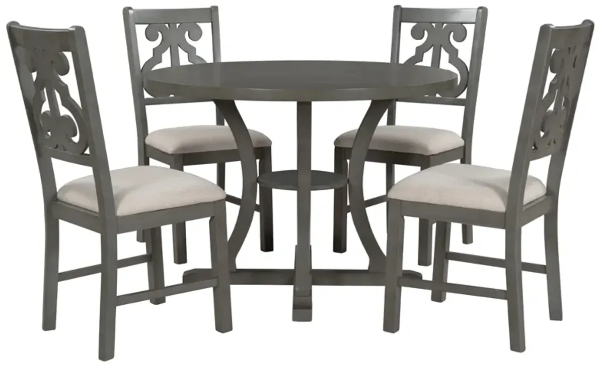 Gewnee  5-Piece Round Dining Table and Chair Set with Special-shaped Legs and an Exquisitely Designed Hollow Chair Back for Dining Room (Gray)