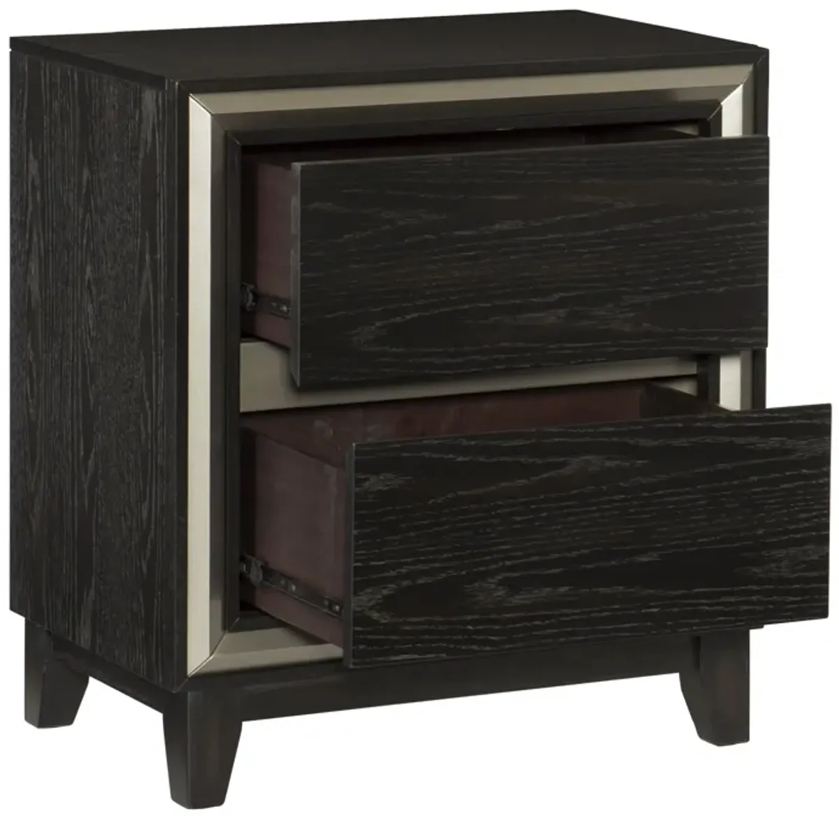 Uri 29 Inch Nightstand, 2 Drawers, Cutout Grooves, Silver Banding, Black - Benzara