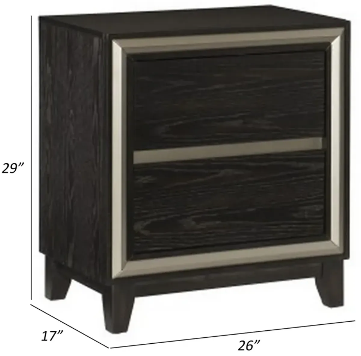 Uri 29 Inch Nightstand, 2 Drawers, Cutout Grooves, Silver Banding, Black - Benzara