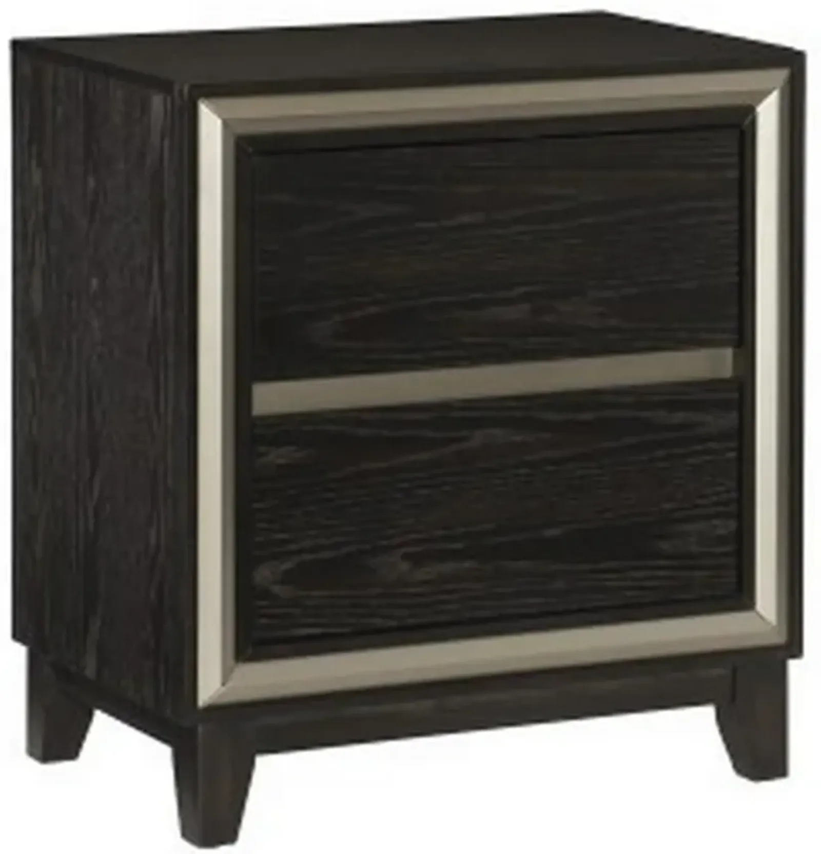 Uri 29 Inch Nightstand, 2 Drawers, Cutout Grooves, Silver Banding, Black - Benzara